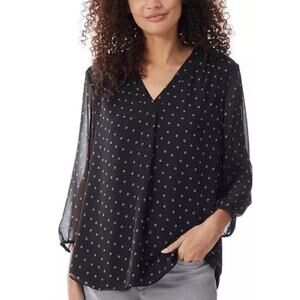 JONES NEW‎ YORK Blouse Black White 3/4 Sheer Sleeve NWT $70 Extra Small Petite